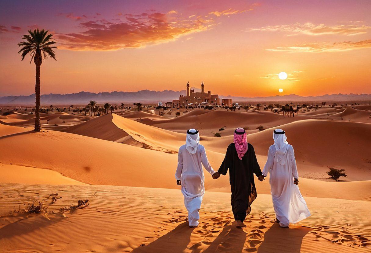 A breathtaking landscape of Saudi Arabia featuring romantic desert scenes, with golden dunes and a beautiful sunset. Include a couple holding hands, enjoying the view with traditional Arabian architecture in the background. The sky painted in warm hues of orange and pink, enhancing the romantic ambiance. Include palm trees and stars beginning to twinkle in the twilight. super-realistic. vibrant colors.