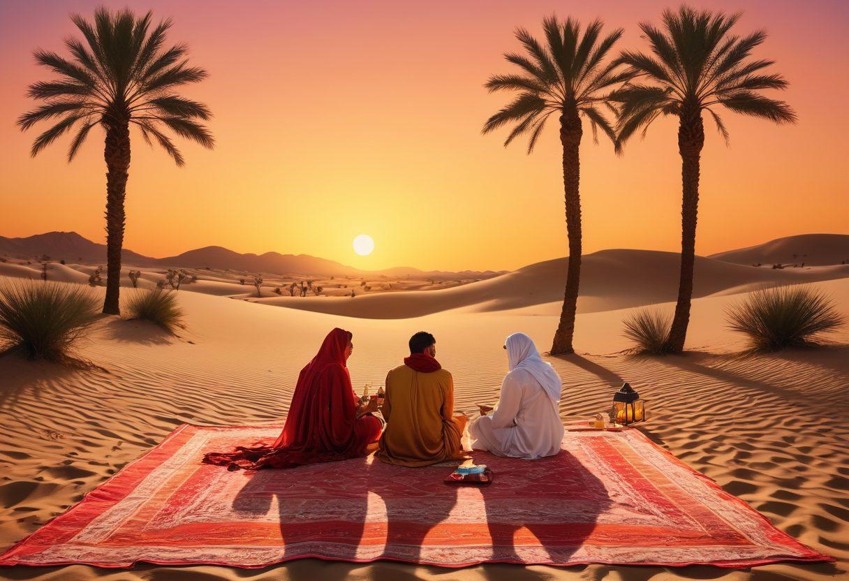 A romantic desert landscape at sunset, featuring a couple dressed in traditional Saudi attire sharing a picnic on a beautifully embroidered blanket. Oasis palm trees and glowing lanterns surround them, enhancing the allure of seduction in the warm, golden light. Vibrant colors highlight the contrast between the sandy dunes and the vivid sky. surreal art style, vibrant colors, atmospheric depth.