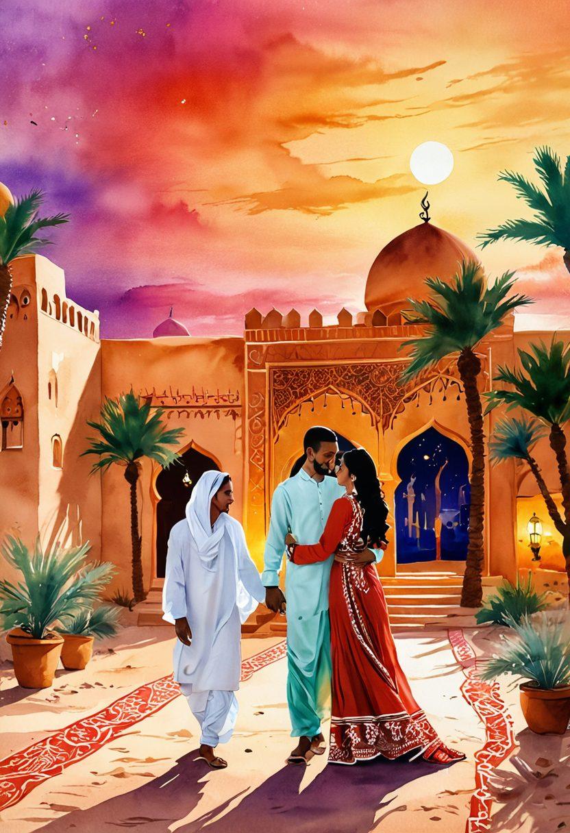A romantic desert oasis scene featuring a couple engaged in playful flirting against the backdrop of traditional Saudi architecture. Incorporate vibrant desert sunset colors with flowing fabrics and intricate henna designs, highlighting cultural elements like lanterns and traditional attire. Evoke a sense of adventure and connection as they share laughter under a starlit sky. watercolor painting. vibrant colors. 3D elements.
